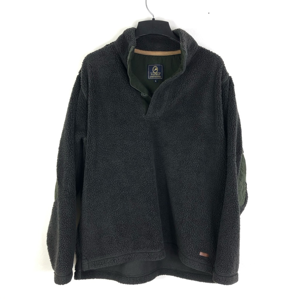 PG Field Mens Large Green Pullover 1/4 Button Fleece Elbow Patches Jacket Soft